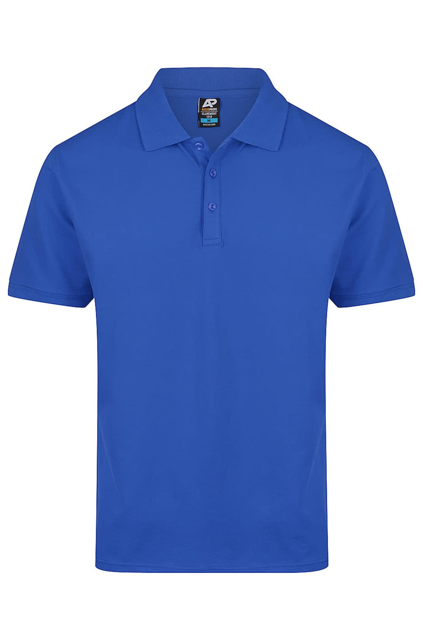A blue polo shirt featuring a collar, short sleeves, and a three-button placket, with a logo on the label.