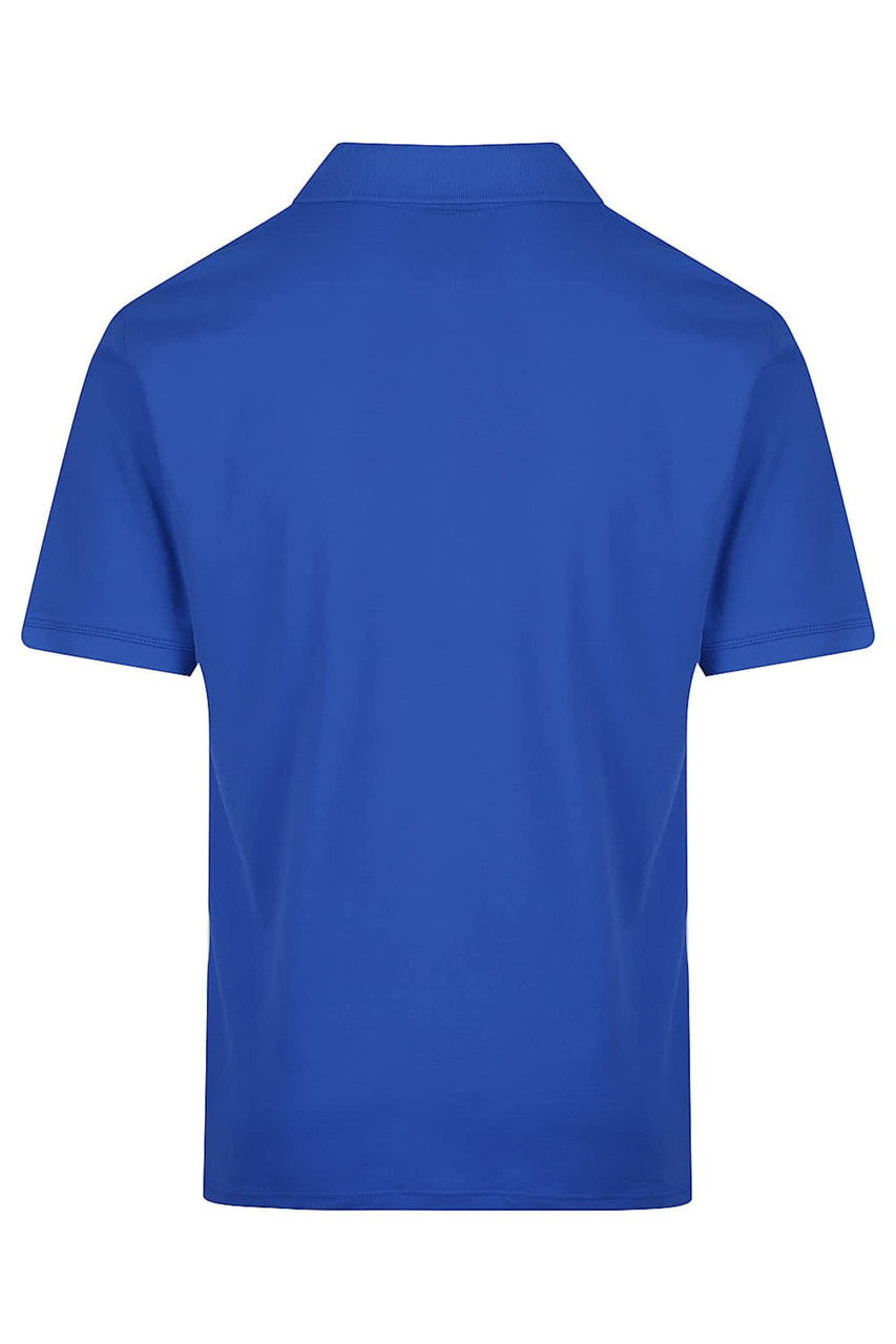 A blue men's polo shirt featuring a simple design with a collar and short sleeves. It has a logo on the side.