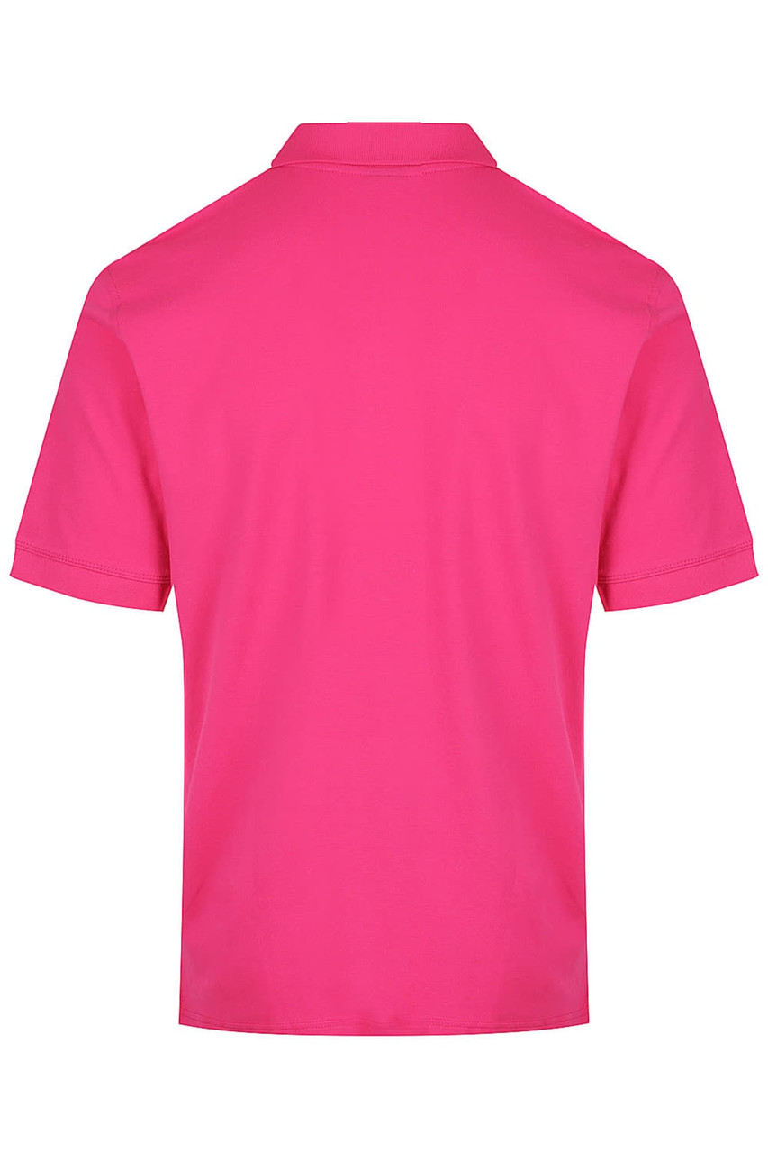 A vibrant pink polo shirt with a classic collar and short sleeves, featuring a branding logo.