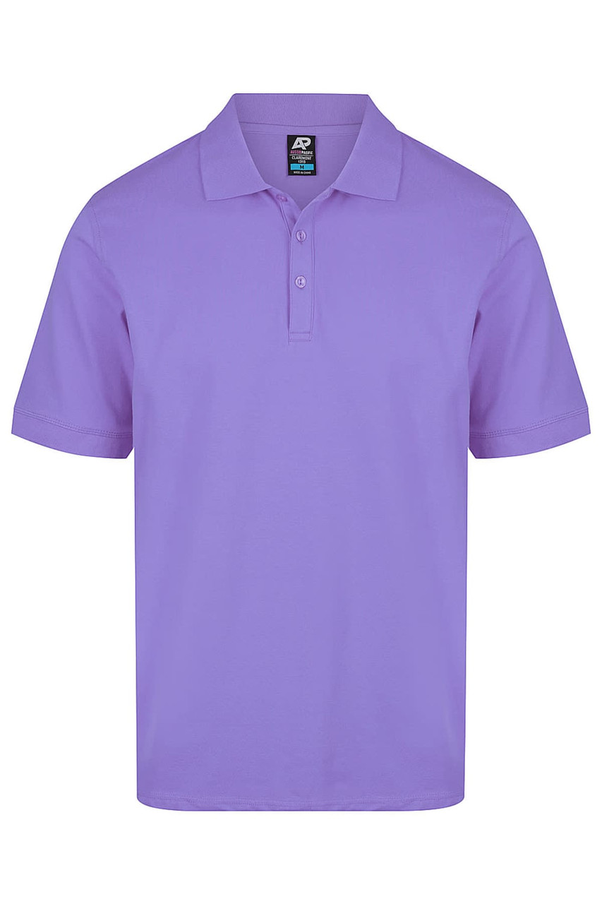 A short-sleeved polo shirt in a light purple shade, featuring a collar and a logo.