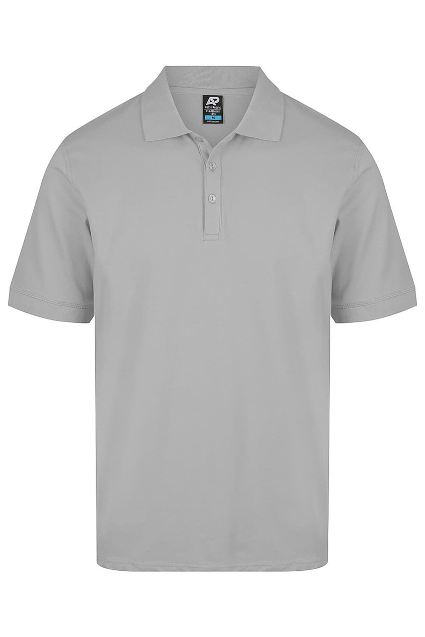 A light grey polo shirt with a classic collar and three-button placket, featuring a logo on the chest area.