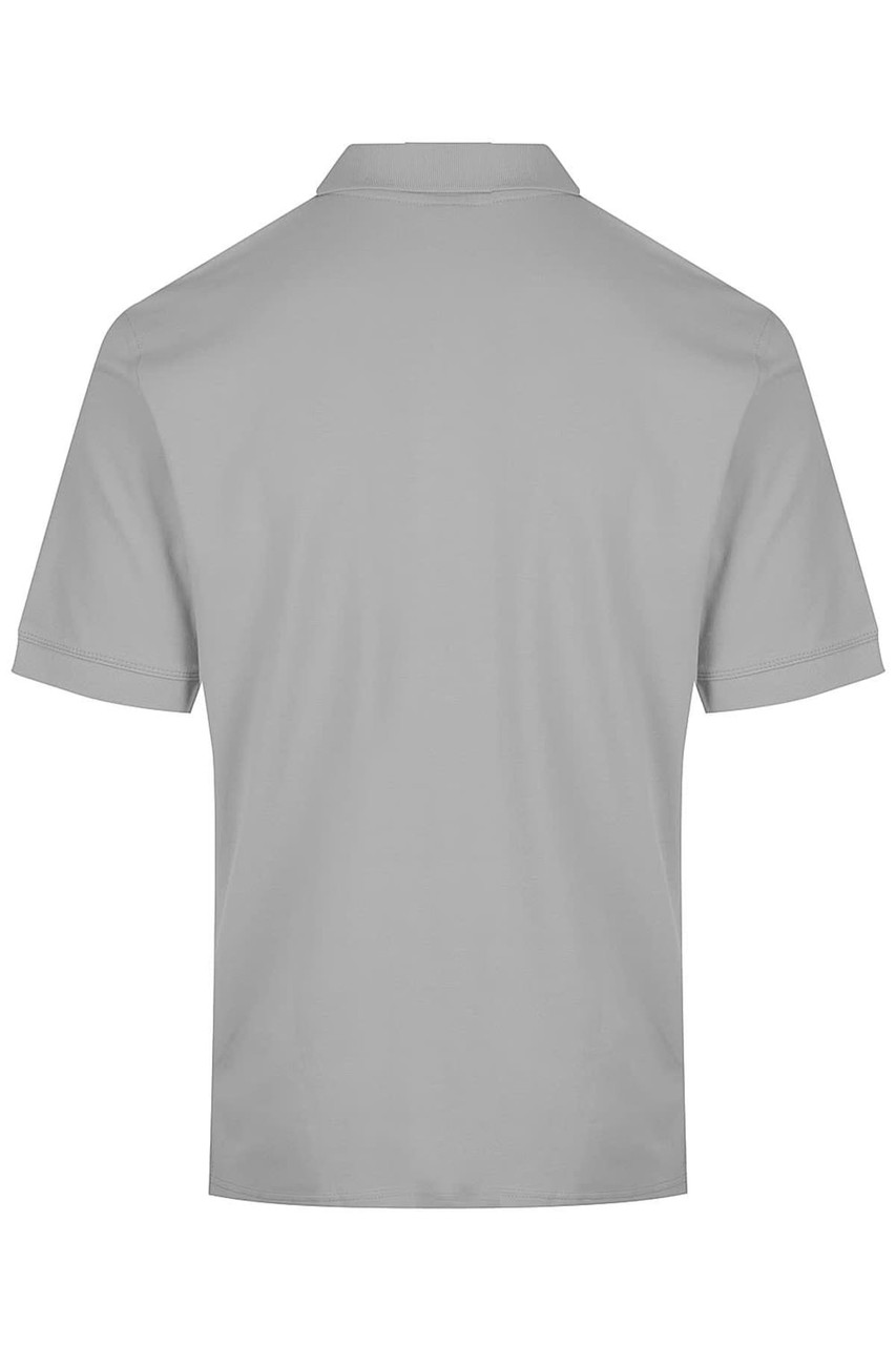 A grey polo shirt featuring a classic design and a collar, with a branding logo on the back.