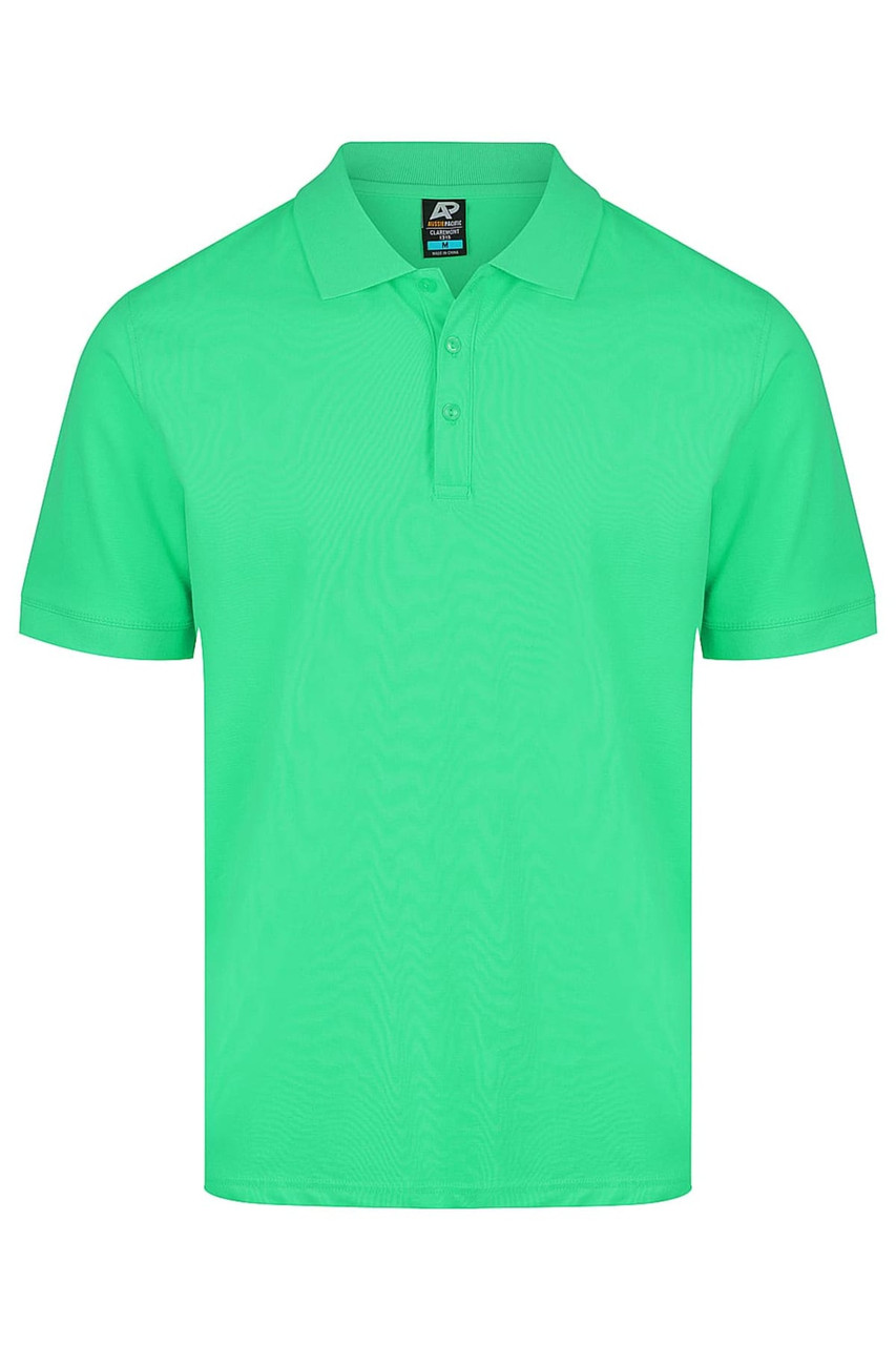 A vibrant green polo shirt featuring a collar and short sleeves, with a logo on the label.