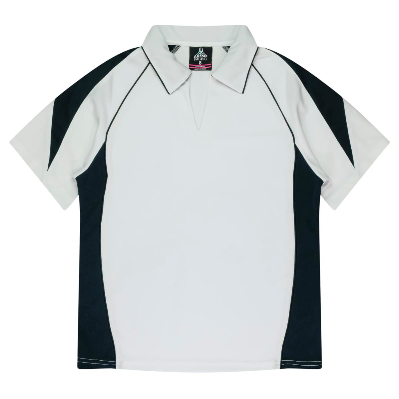 A white polo shirt featuring black side panels and a branding logo on the collar.