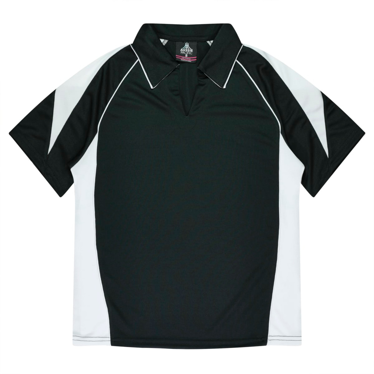 A black and white polo shirt with a collar and short sleeves, featuring a branding logo.