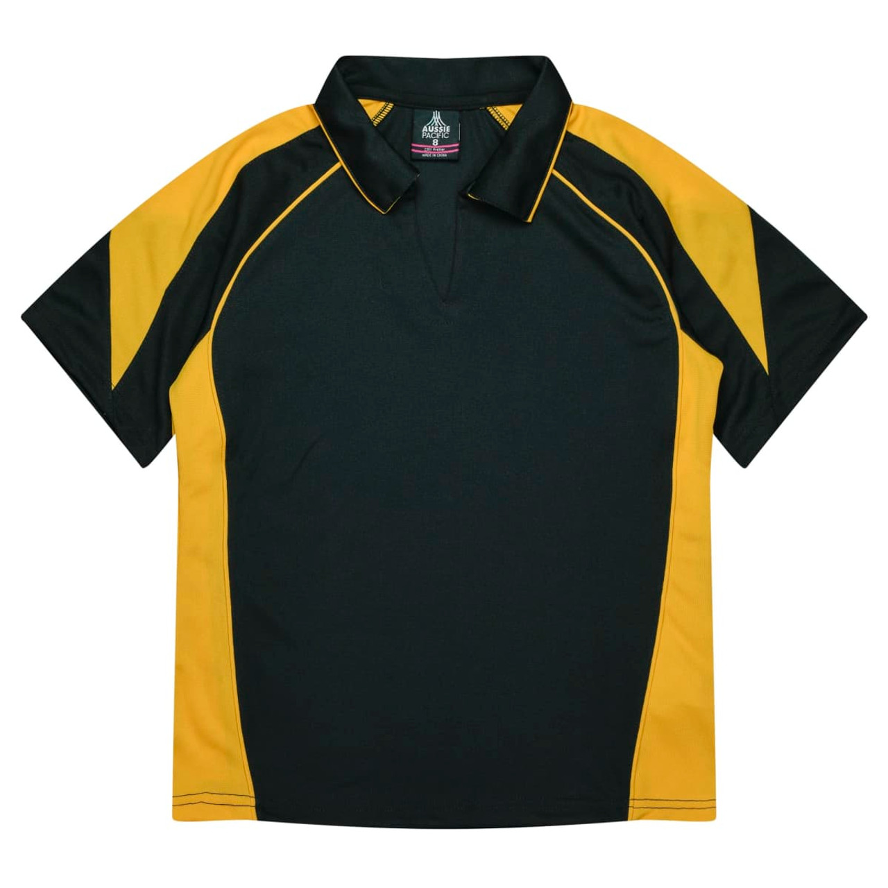 A dark green and yellow polo shirt with a collar, featuring contrasting panels and a logo on the chest.