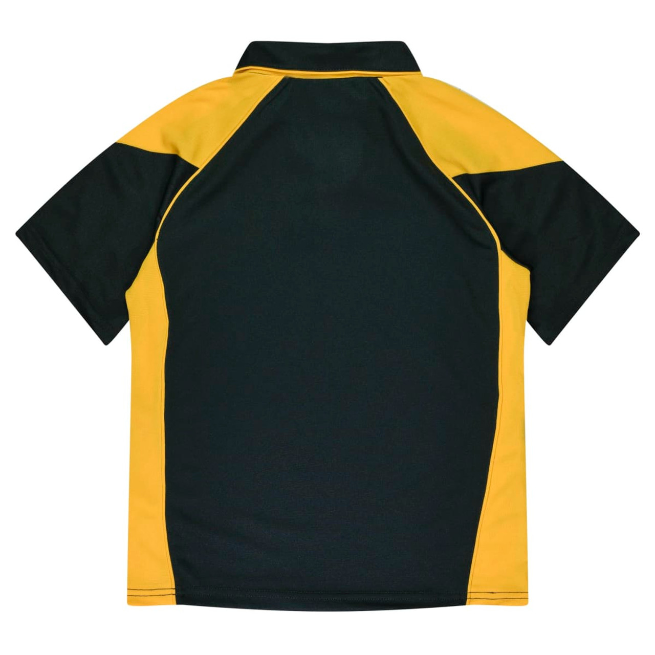 A polo shirt with a dark green body and yellow accents on the sleeves, featuring a collar and a logo.