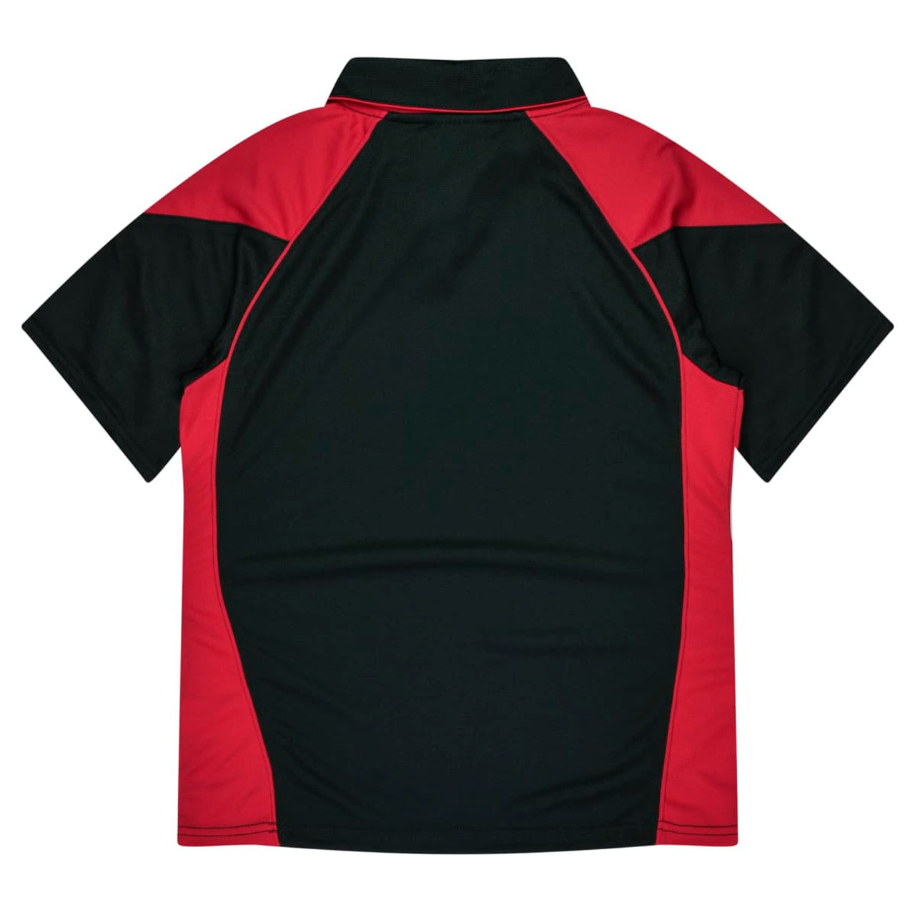 A polo shirt featuring a black body with red accents and a classic collar, showcasing a logo.