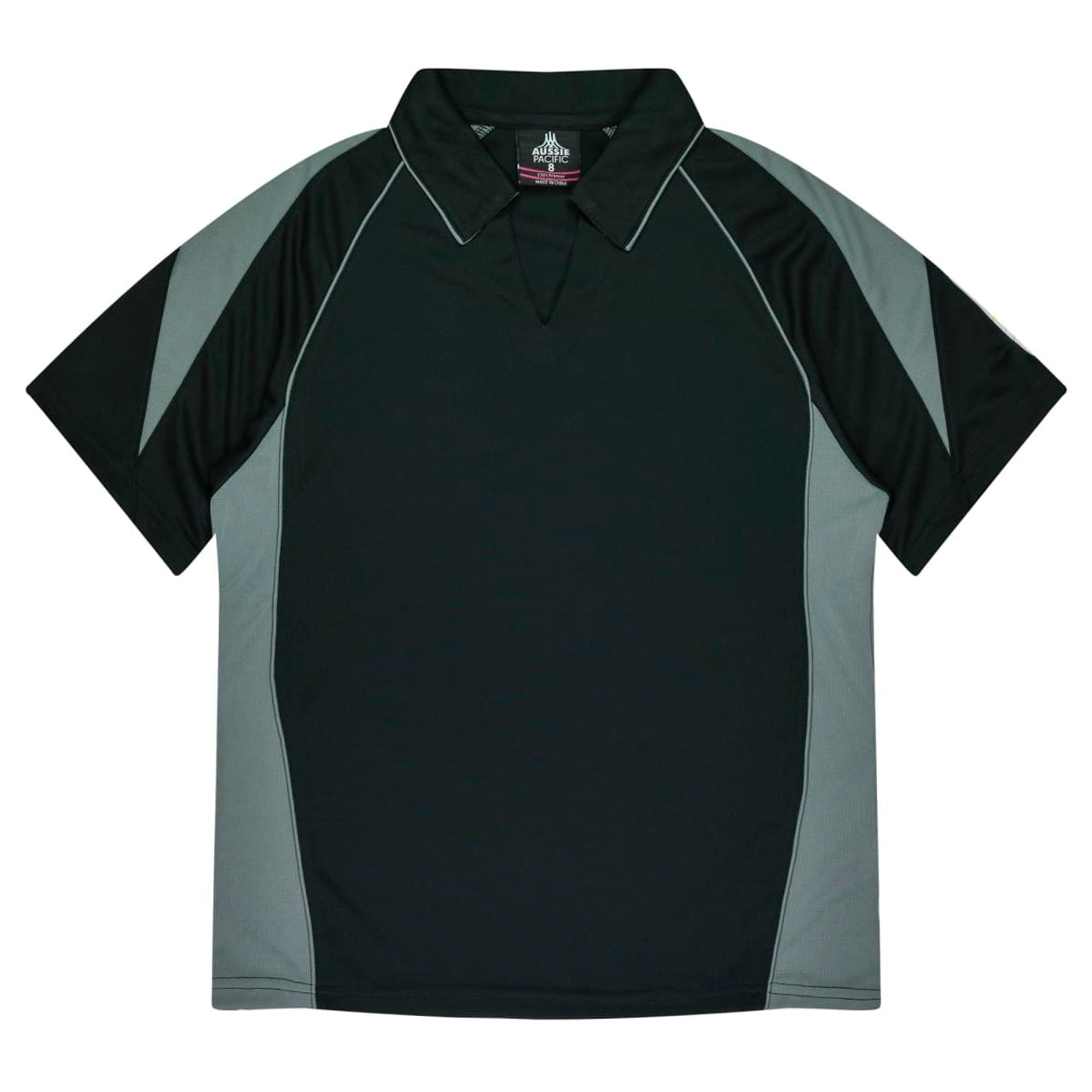 A dark green polo shirt featuring a contrasting grey design and a collar. The shirt has a logo on it.