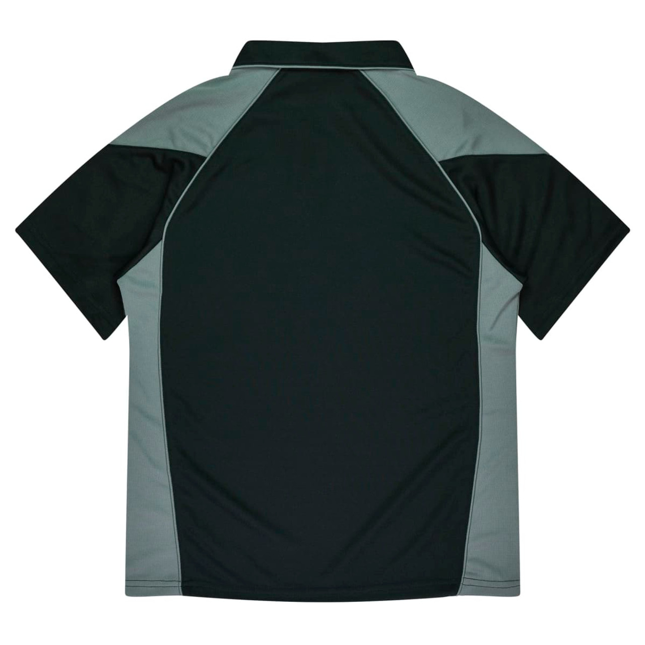 A dark green and grey polo shirt with a collar and short sleeves, featuring a logo on the back.
