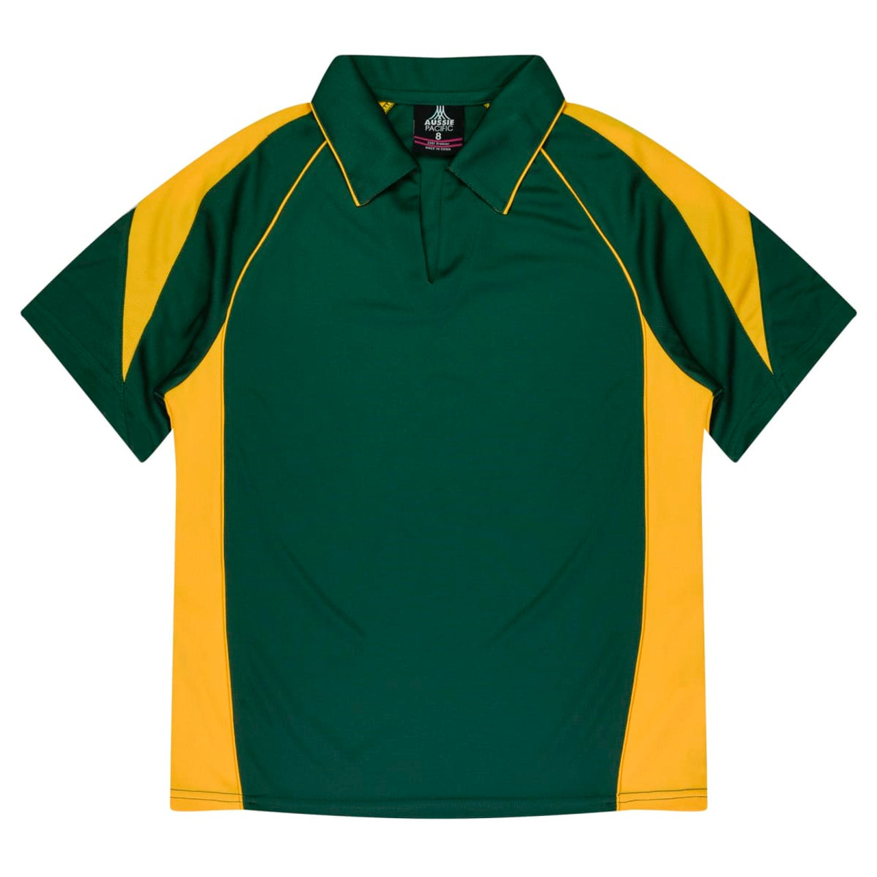 A green and yellow polo shirt with a collar and a logo. Features contrasting panel design.