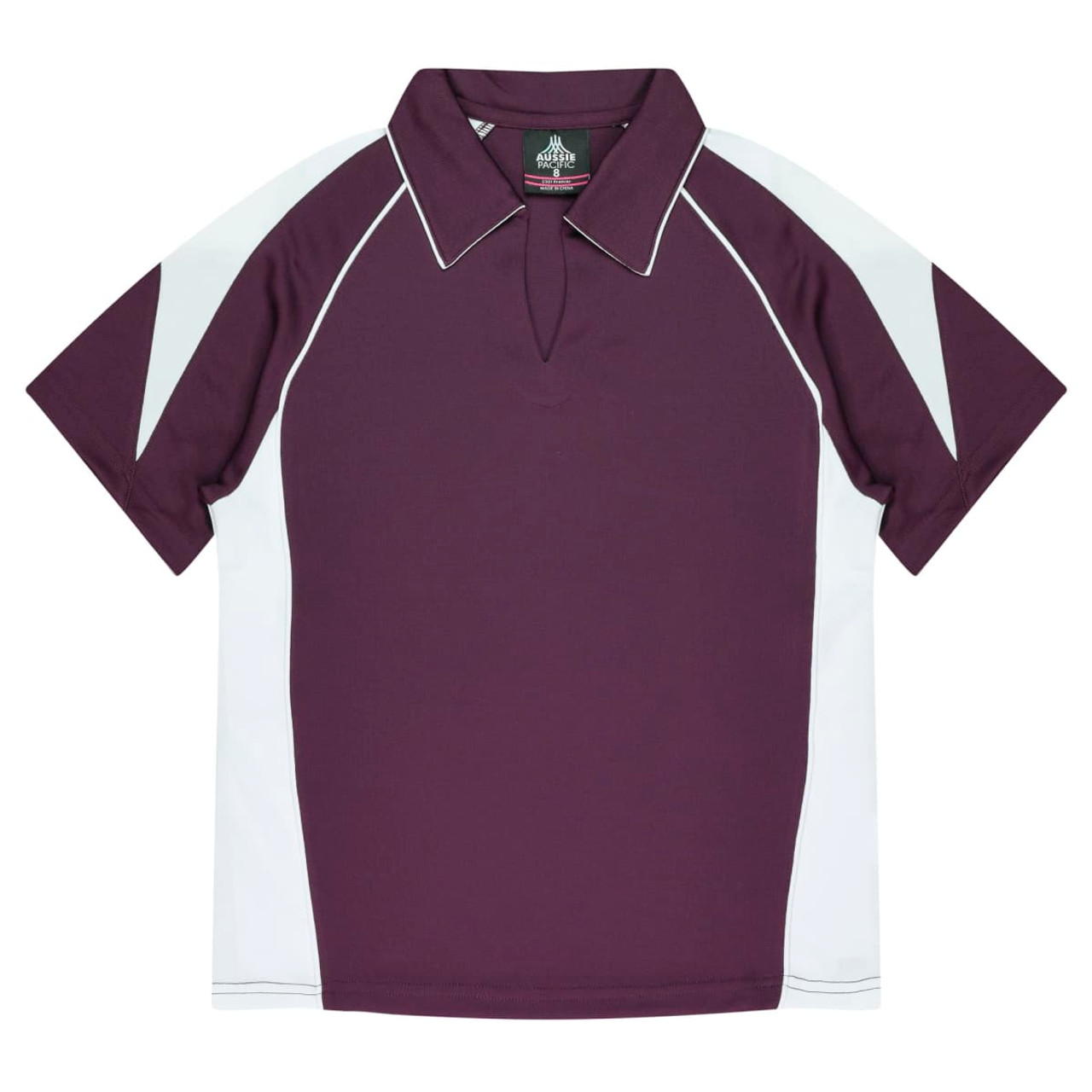 A maroon polo shirt with white accents and a logo on the collar. Short sleeves and a sporty design.