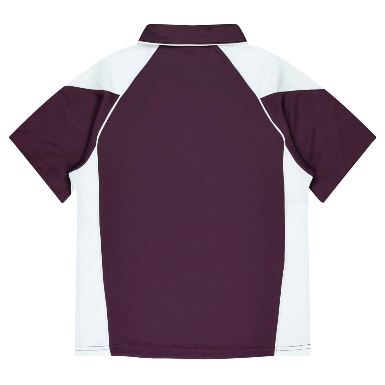 A polo shirt featuring a dark purple body with white accents and a collar. It has a logo on the back.