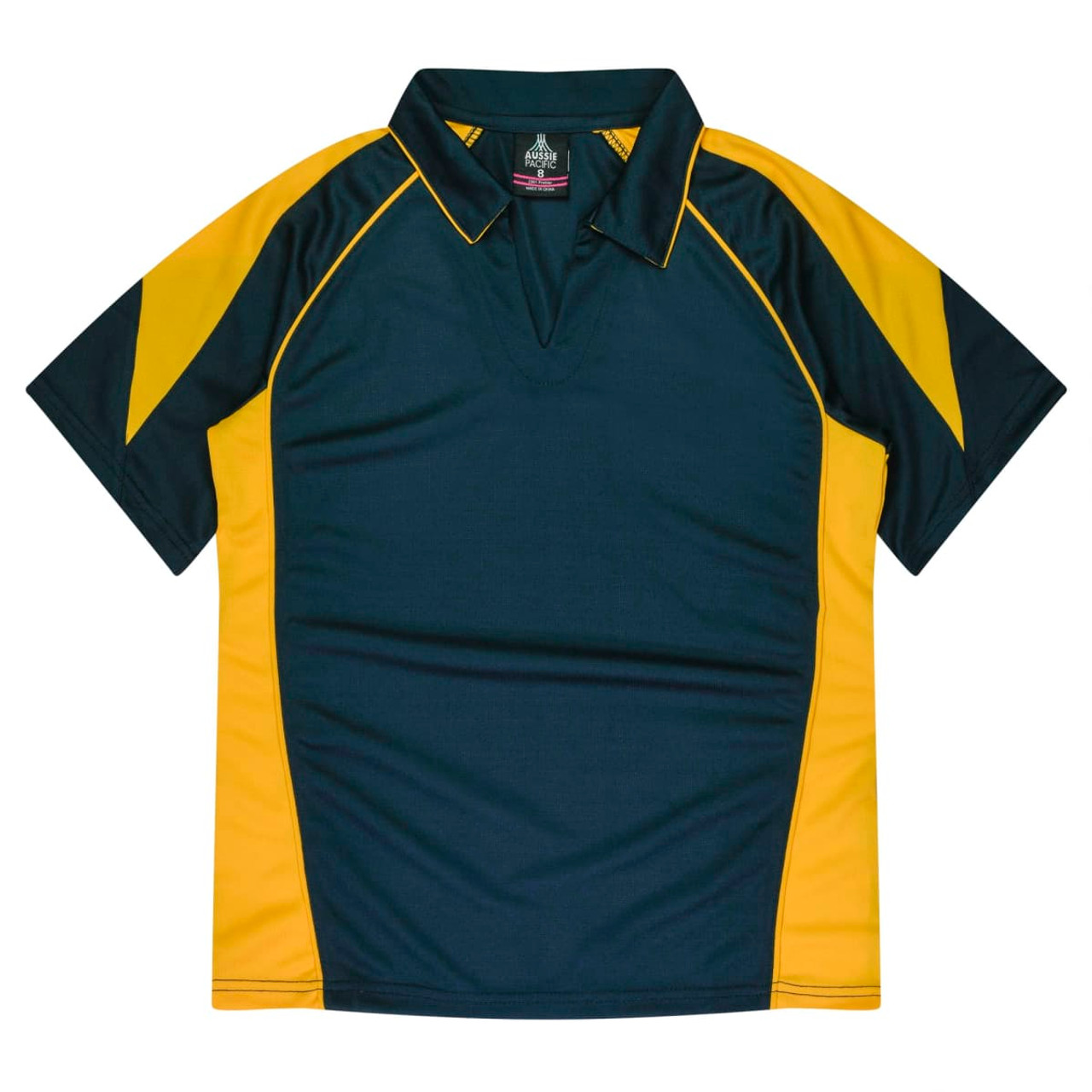 A polo shirt in dark green and yellow, featuring a sporty design and a logo on the collar.