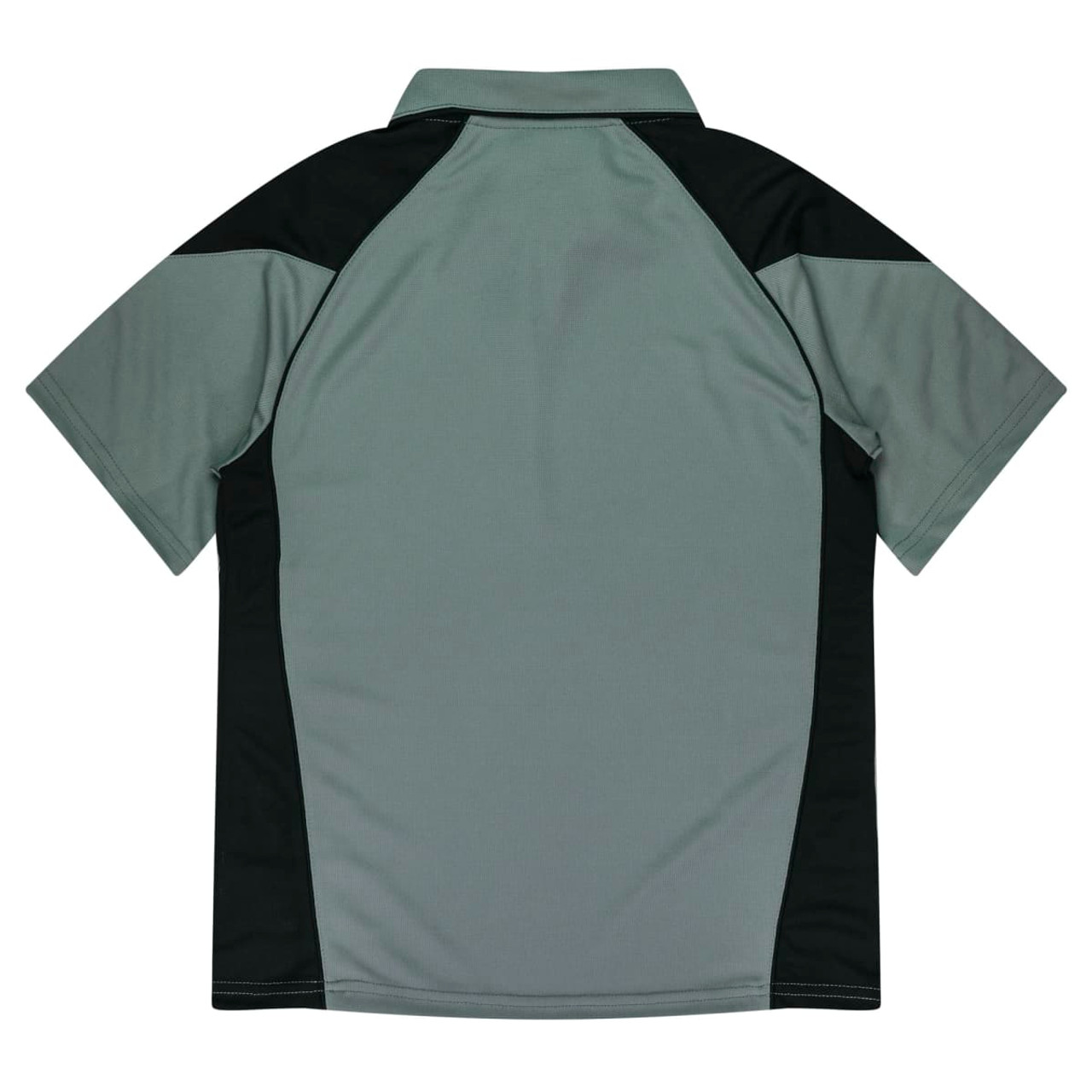 A polo shirt in grey with black accents, featuring a classic collar and short sleeves. It has a logo on the side.