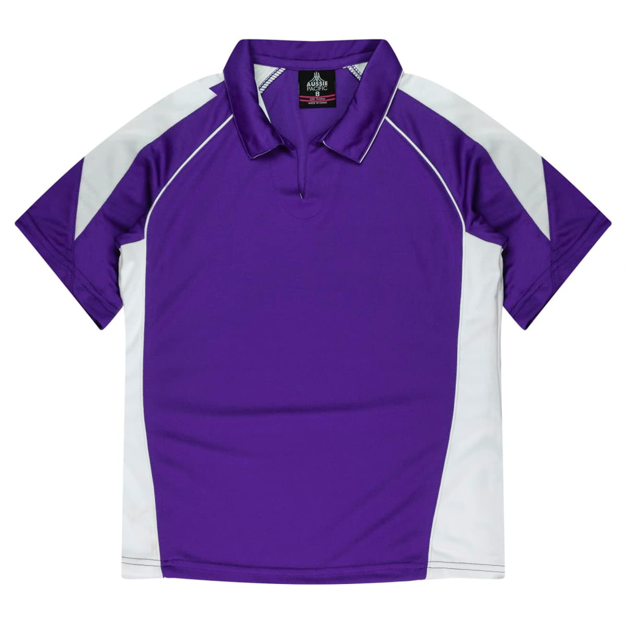 A purple polo shirt with white accents and a branded label at the neckline.