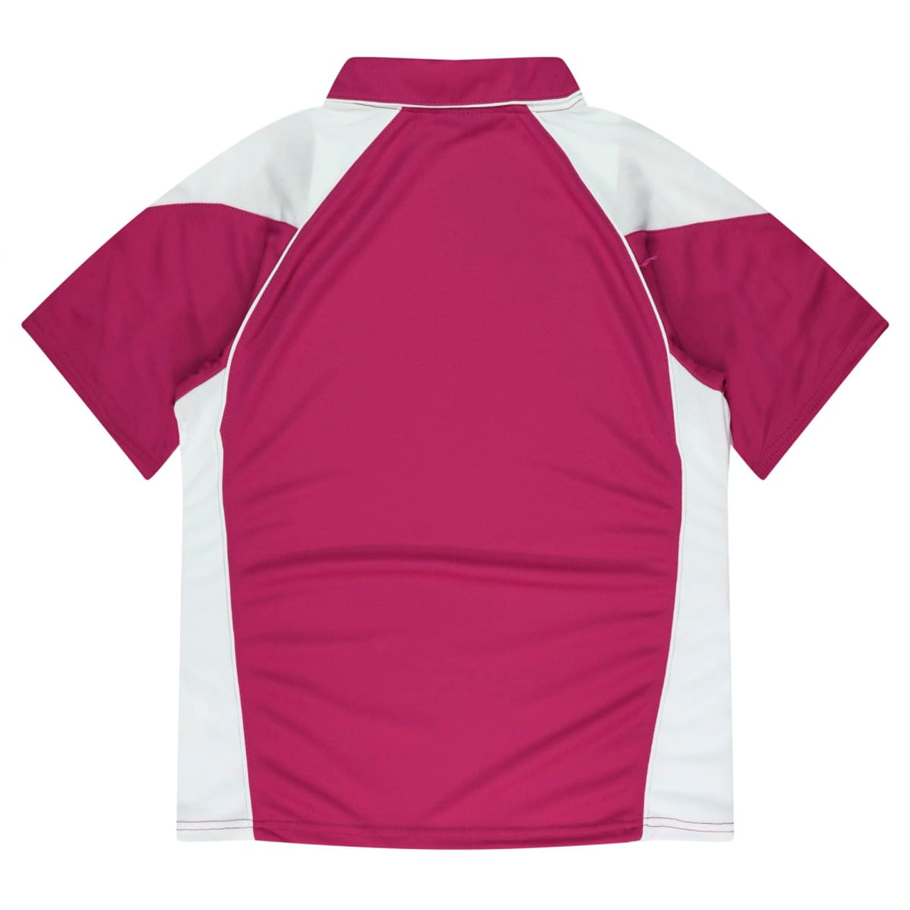 A polo shirt in maroon and white, featuring short sleeves and a classic collar. The shirt has a logo.