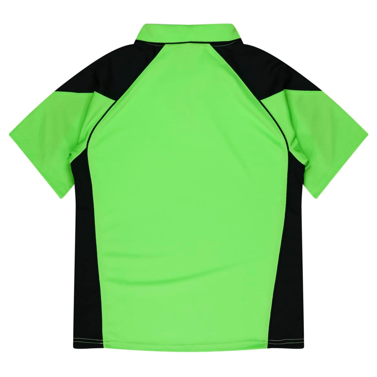 A polo shirt featuring a vibrant lime green front with black accents on the sleeves and back, including a collar.