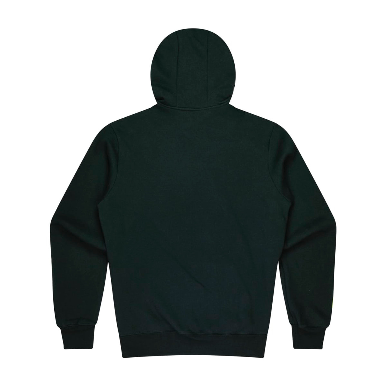A dark green hoodie featuring a spacious hood and long sleeves, with a simple design on the back.