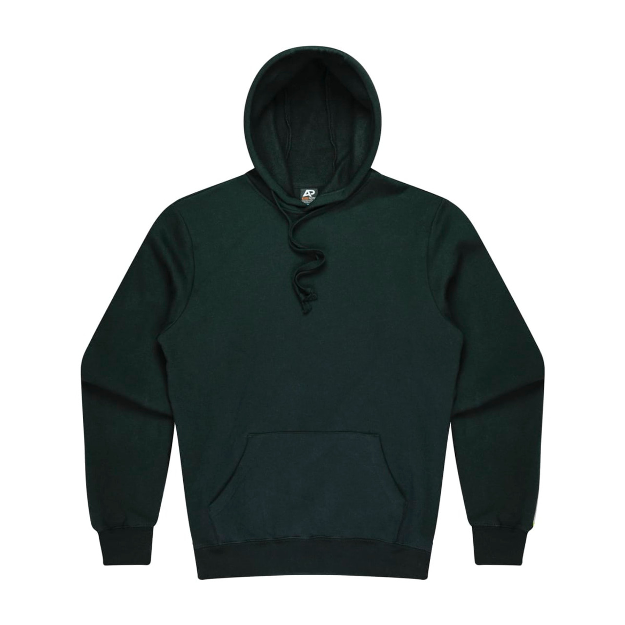 A dark green men's hoodie featuring a front pocket and a drawstring hood, with a branding logo.