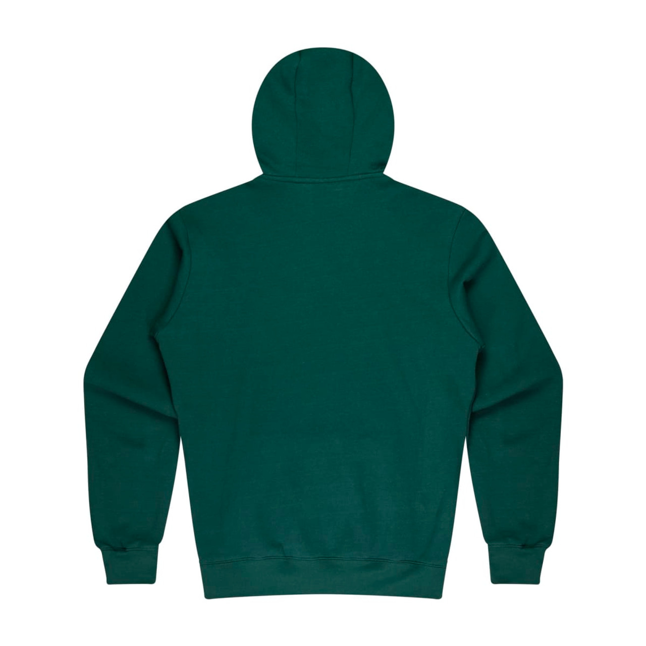 A green hoodie featuring a hood and long sleeves, with a plain back design and a logo.