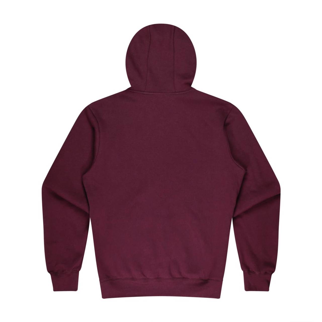 A maroon hoodie with a hood and long sleeves, featuring a simple design on the back.