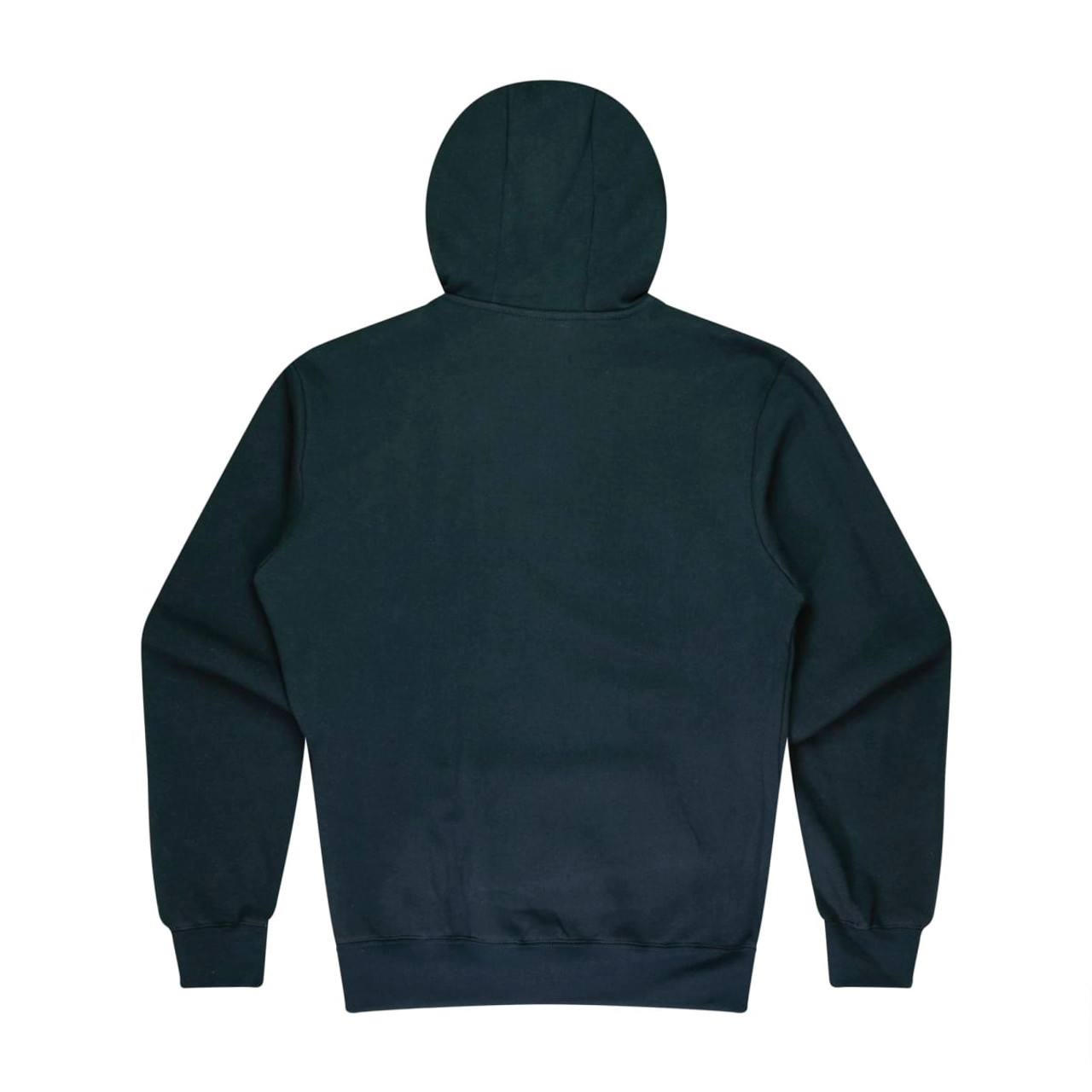 A dark green men's hoodie with a hood and long sleeves, featuring a plain back design.