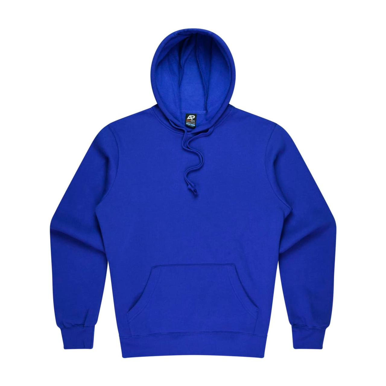 A blue men's hoodie with a front pocket and adjustable drawstring hood. It features a logo on the label.