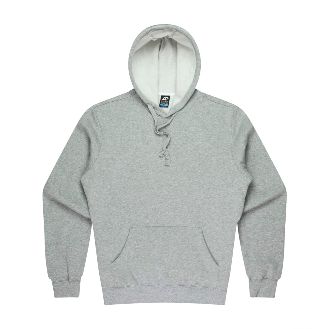 A grey men's hoodie with a hood and pocket at the front, featuring a logo at the waist.