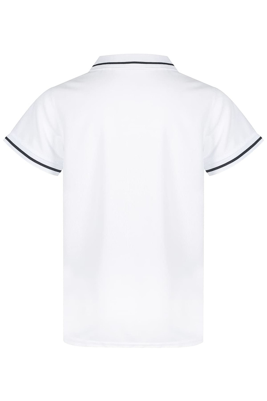 A white polo shirt featuring contrasting trim and a collar. The back view highlights its smooth design and fit.