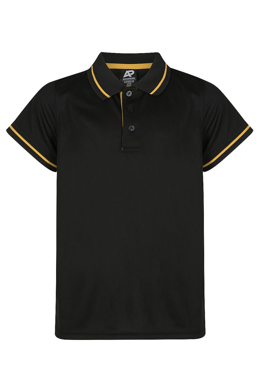 A black polo shirt featuring contrasting yellow trim and a buttoned placket, with a logo on the collar.