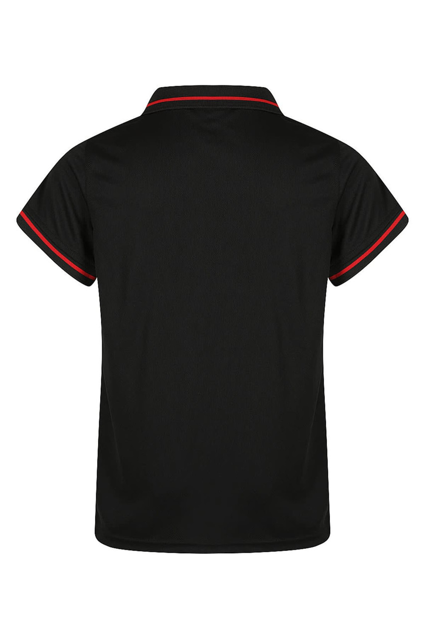 A black polo shirt for kids with red trim on the collar and sleeves; features a logo.
