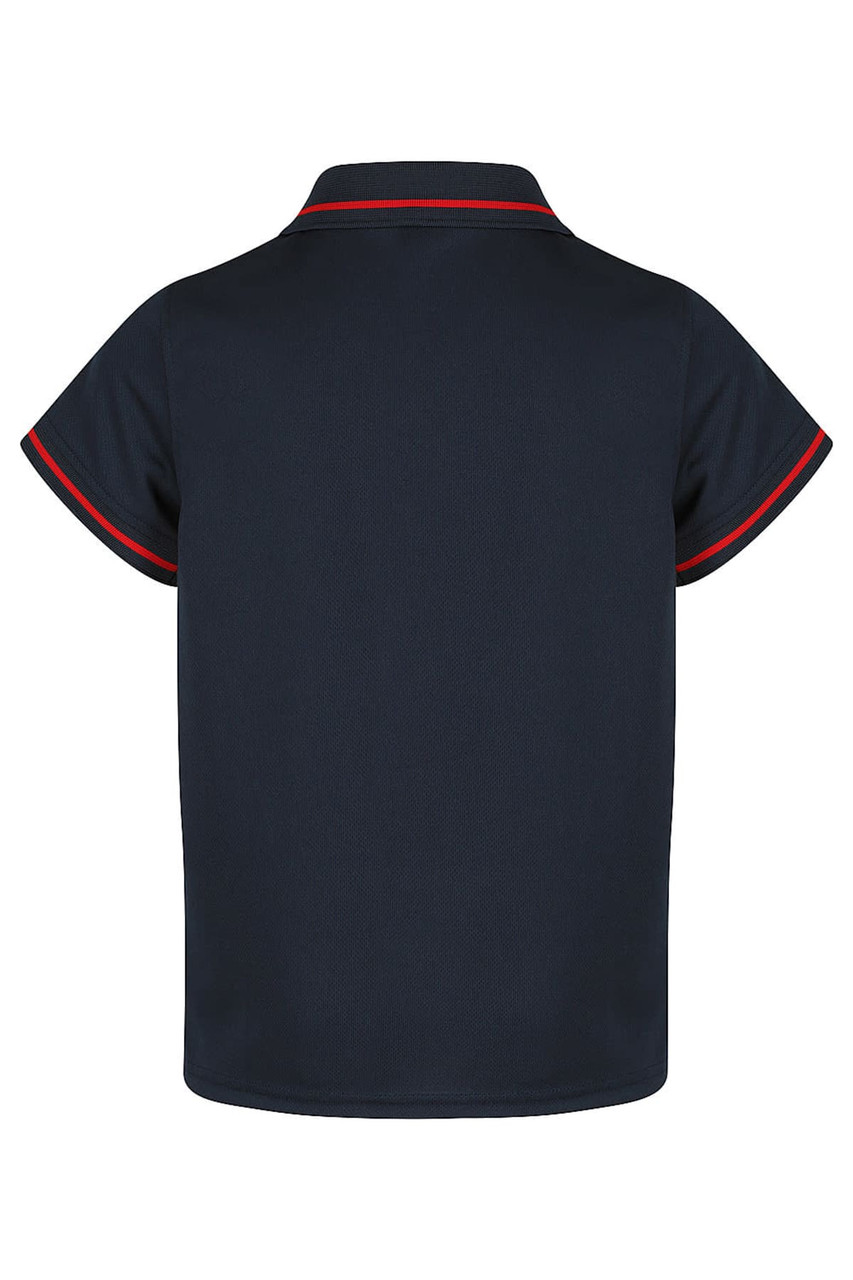A navy polo shirt with a collar and short sleeves, featuring red trim along the collar. It has a logo on the chest.