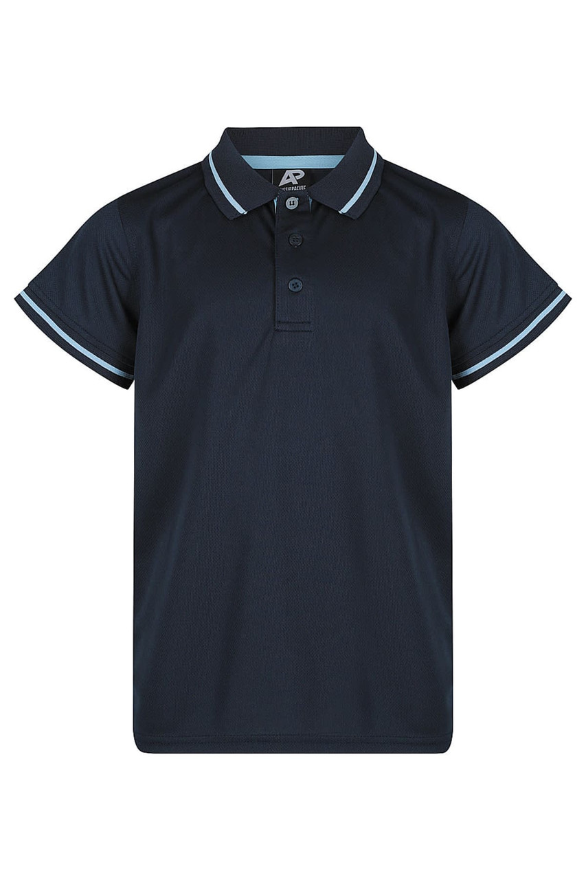 A dark navy polo shirt with light blue accents and a logo on the chest. Short sleeves and a classic collar design.