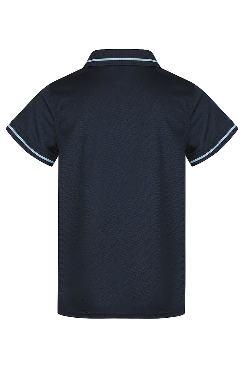 A dark navy polo shirt with a collar and contrast piping, featuring a logo. The back is shown.