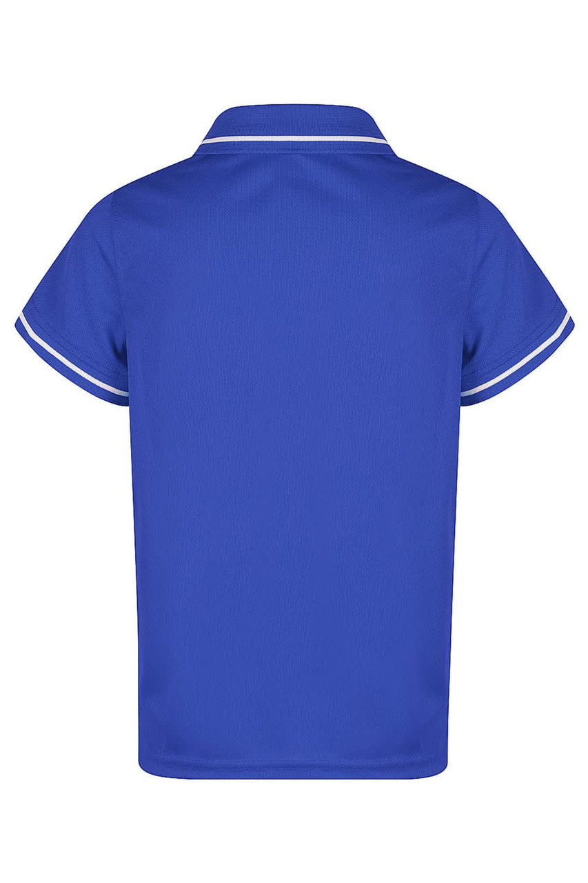 A blue polo shirt with contrasting white trim, featuring a classic collar and short sleeves. It has a logo.