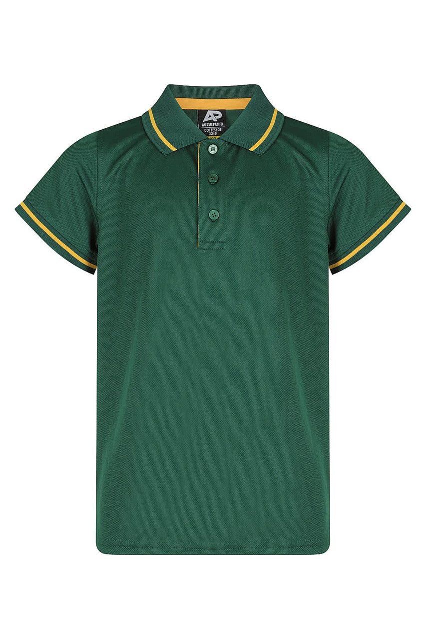 A green polo shirt with yellow accents and a collar, featuring three buttons and short sleeves.