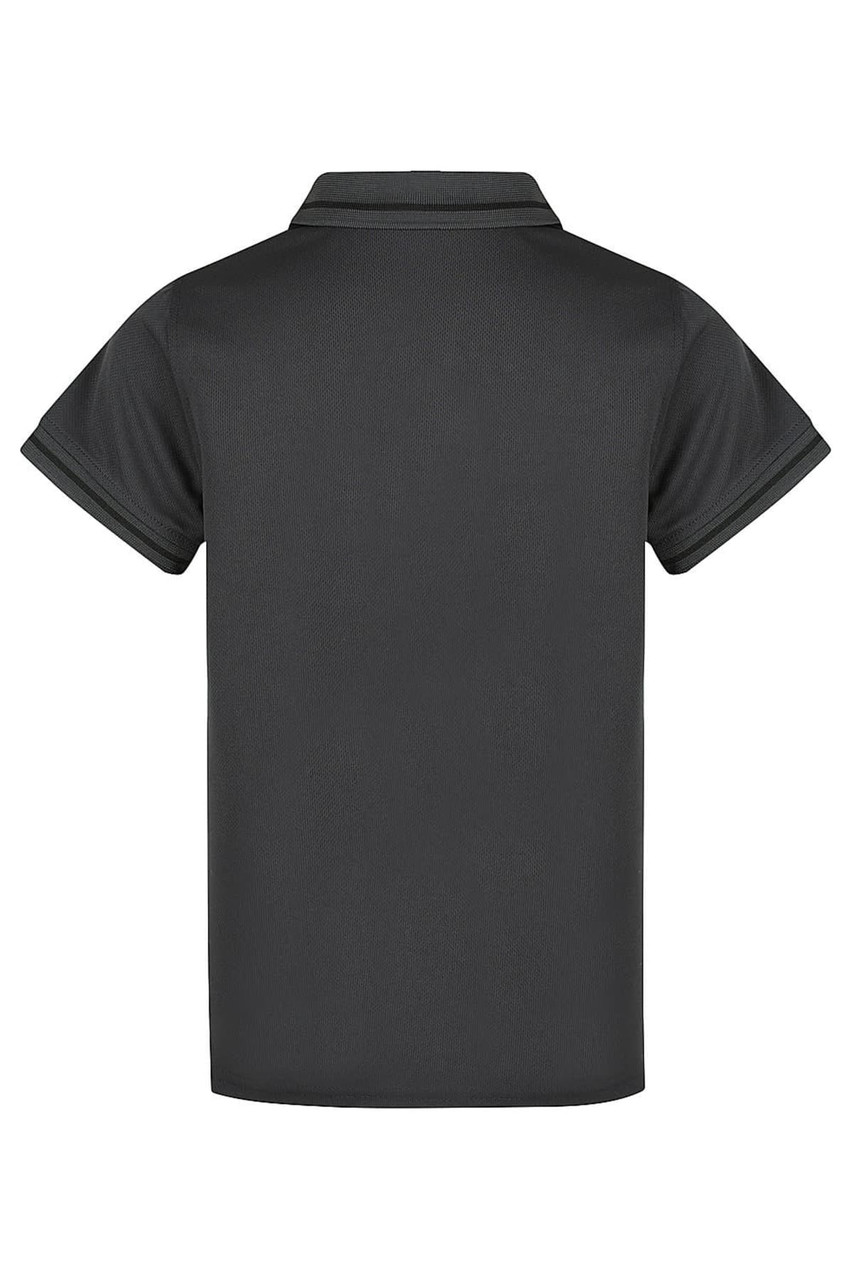 A black polo shirt with short sleeves and a collar, featuring a logo on the back.
