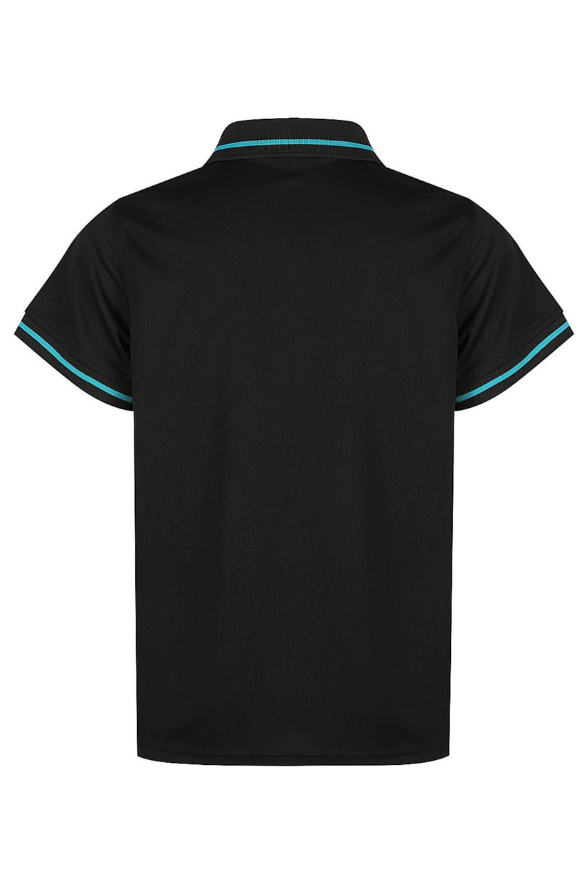 A black polo shirt featuring contrasting teal trim and a collar, with a logo on the back.