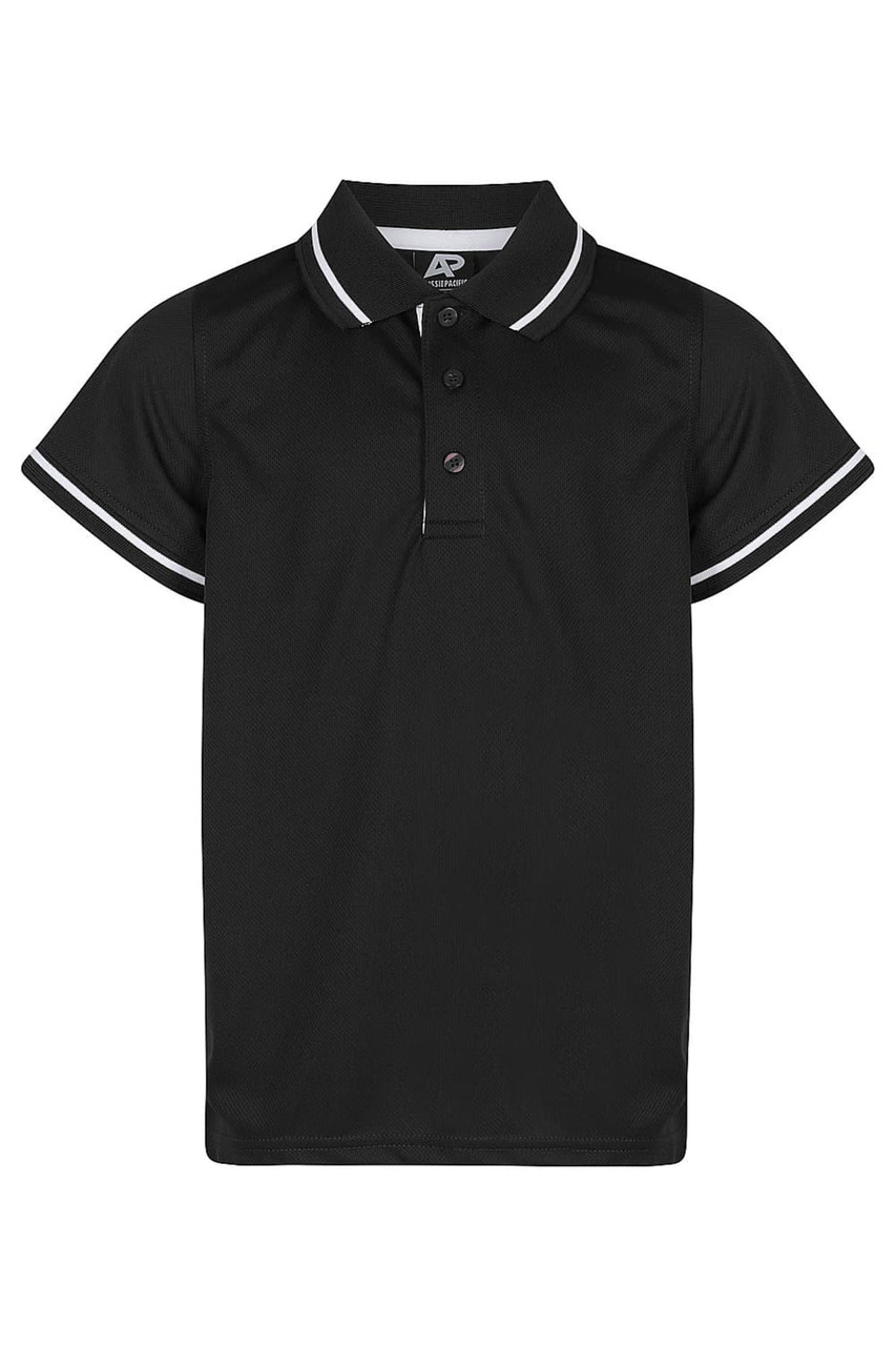 A black polo shirt for kids featuring a collar and short sleeves, with contrasting white trim and a logo.