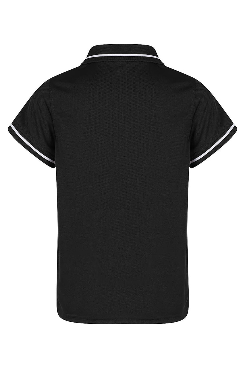 A black polo shirt with contrasting stripes on the collar and sleeves. The shirt features a branded logo.