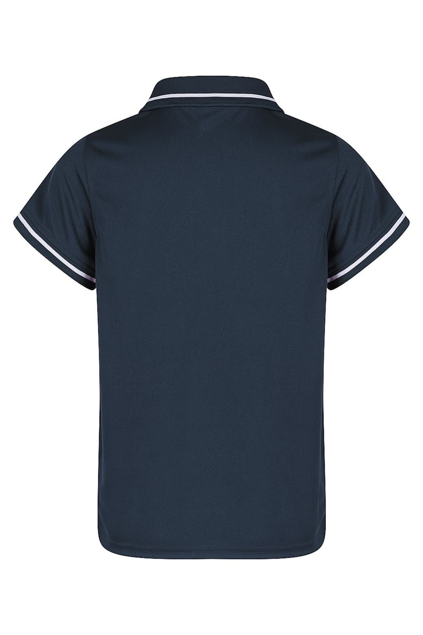 A navy polo shirt with a collar and contrasting trim, featuring a logo on the back.