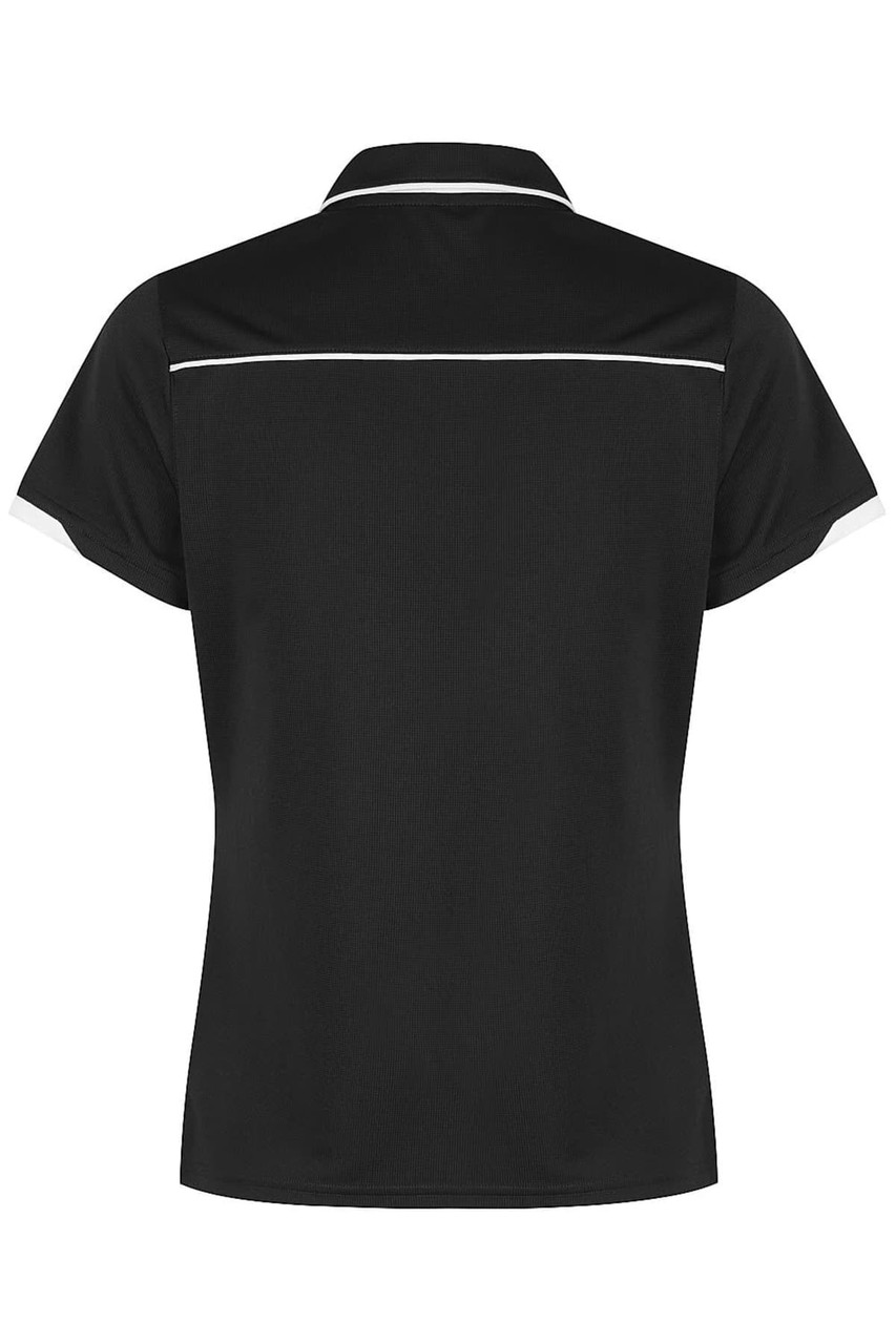 A black polo shirt with white piping detail, featuring a collar and short sleeves. It has a logo.