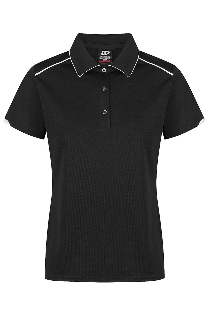 A black polo shirt with a collared neckline, featuring contrasting edging and a logo.