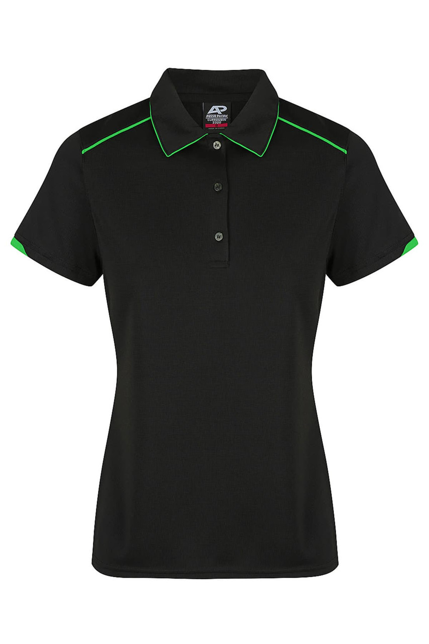 A black polo shirt featuring green accents and a branded logo on the collar.