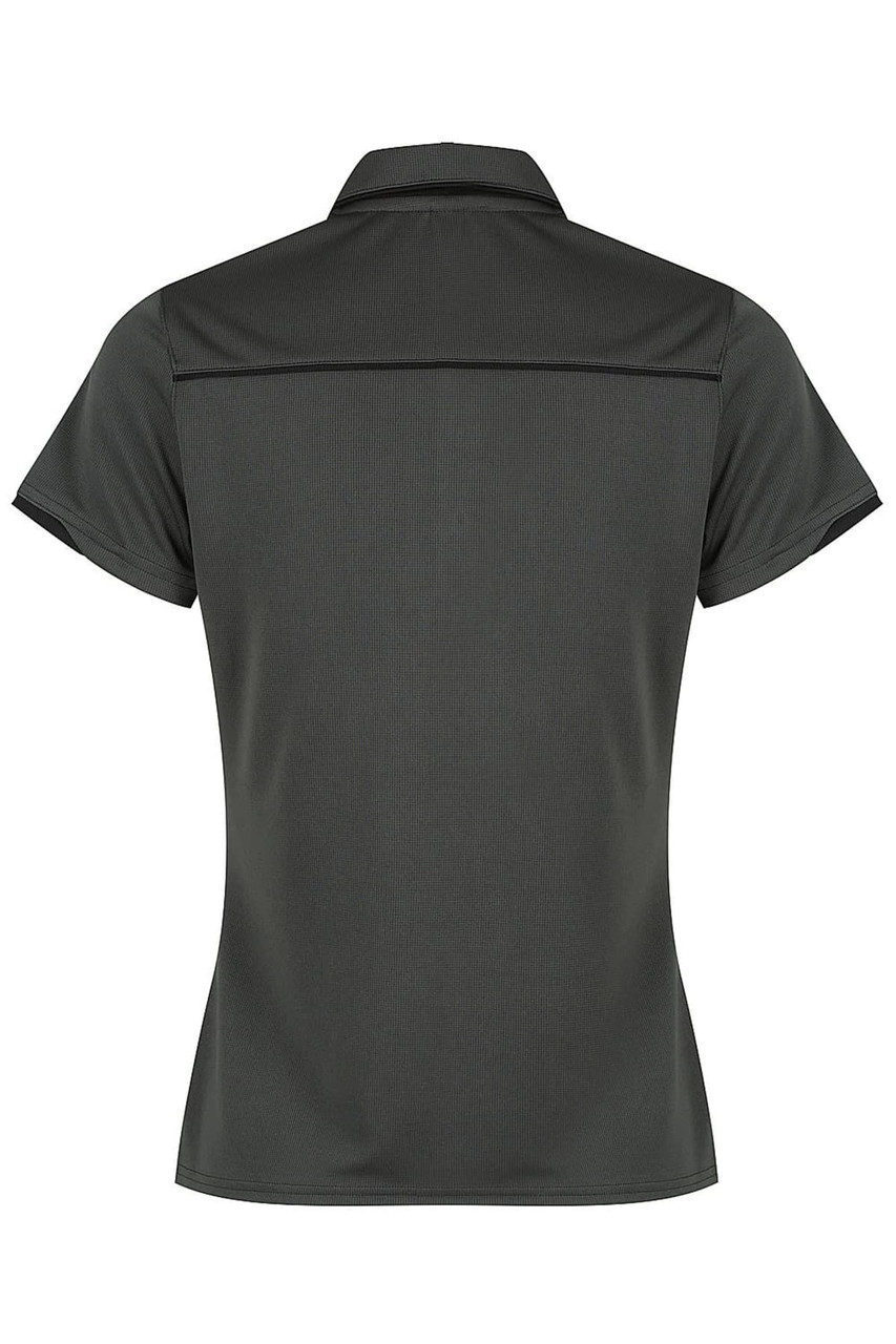 A dark green polo shirt with a collared neck and short sleeves, featuring a logo on the back.