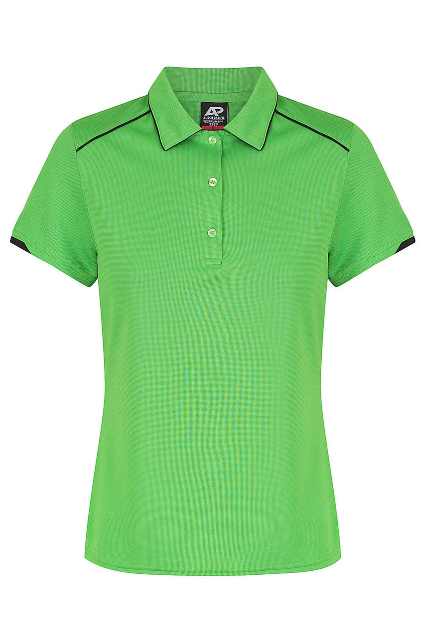 A bright green polo shirt with a collar and a logo, featuring black accents on the sleeves.