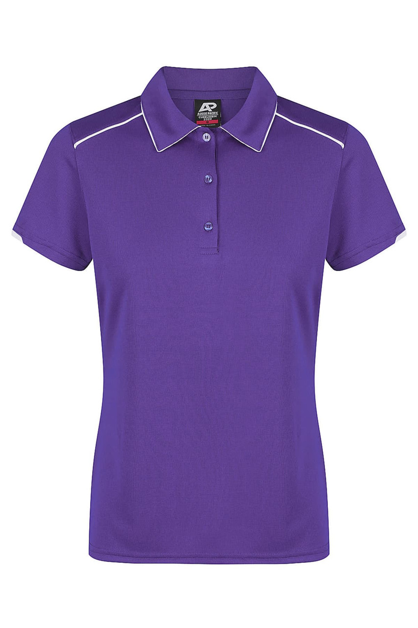 A purple polo shirt with a collar, button placket, and contrast detailing on the sleeves, featuring a logo.