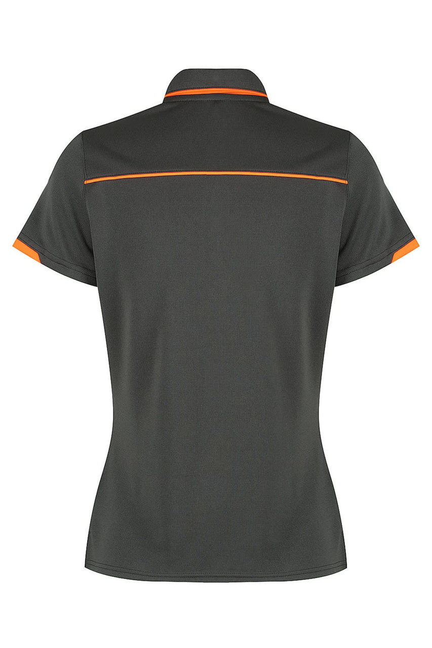 A back view of a dark grey polo shirt with orange detailing and a logo.