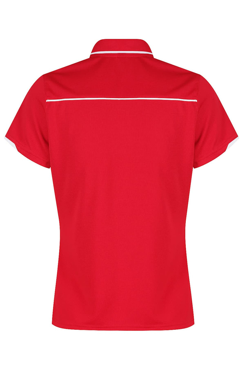 A red polo shirt featuring a white trim, with a classic collar and short sleeves. It includes a logo on the garment.